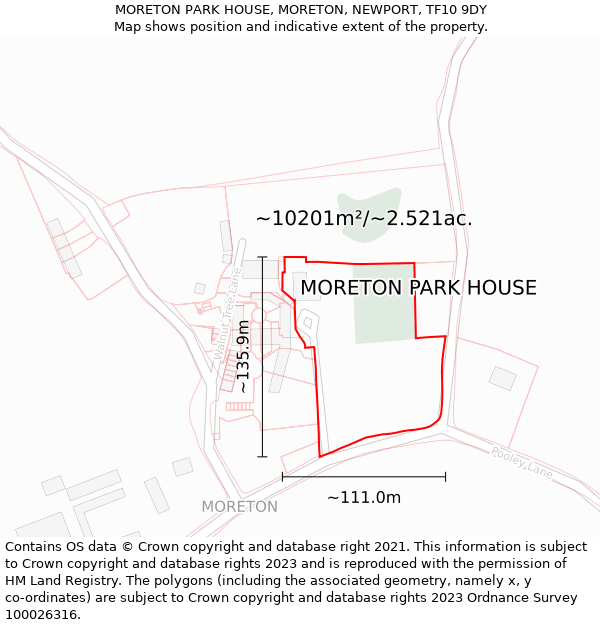 MORETON PARK HOUSE, MORETON, NEWPORT, TF10 9DY: Plot and title map