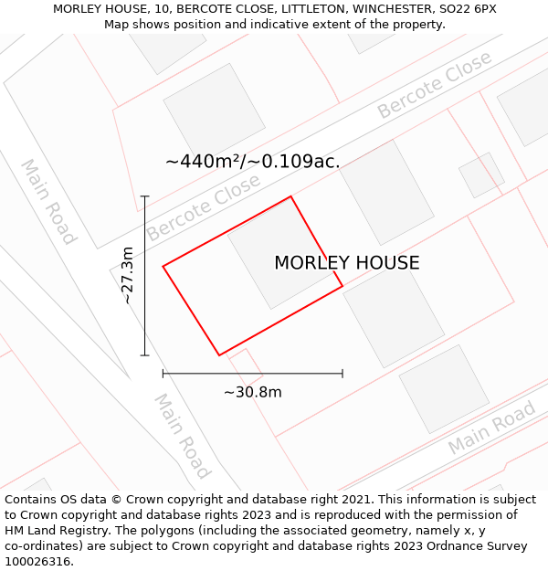 MORLEY HOUSE, 10, BERCOTE CLOSE, LITTLETON, WINCHESTER, SO22 6PX: Plot and title map