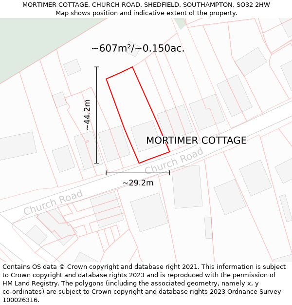 MORTIMER COTTAGE, CHURCH ROAD, SHEDFIELD, SOUTHAMPTON, SO32 2HW: Plot and title map