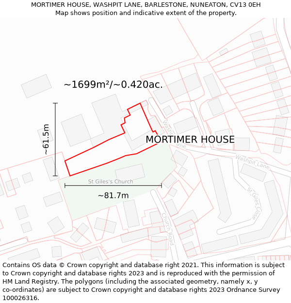 MORTIMER HOUSE, WASHPIT LANE, BARLESTONE, NUNEATON, CV13 0EH: Plot and title map