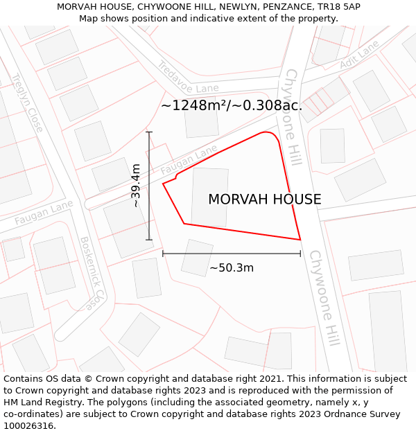 MORVAH HOUSE, CHYWOONE HILL, NEWLYN, PENZANCE, TR18 5AP: Plot and title map