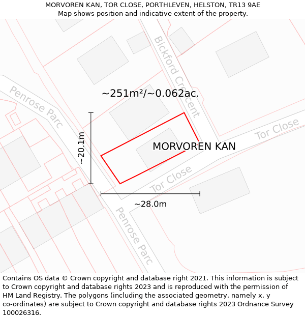 MORVOREN KAN, TOR CLOSE, PORTHLEVEN, HELSTON, TR13 9AE: Plot and title map