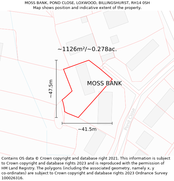 MOSS BANK, POND CLOSE, LOXWOOD, BILLINGSHURST, RH14 0SH: Plot and title map