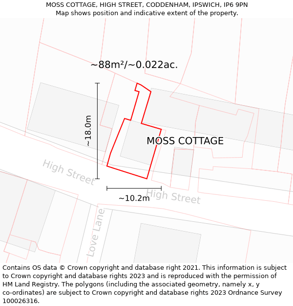 MOSS COTTAGE, HIGH STREET, CODDENHAM, IPSWICH, IP6 9PN: Plot and title map