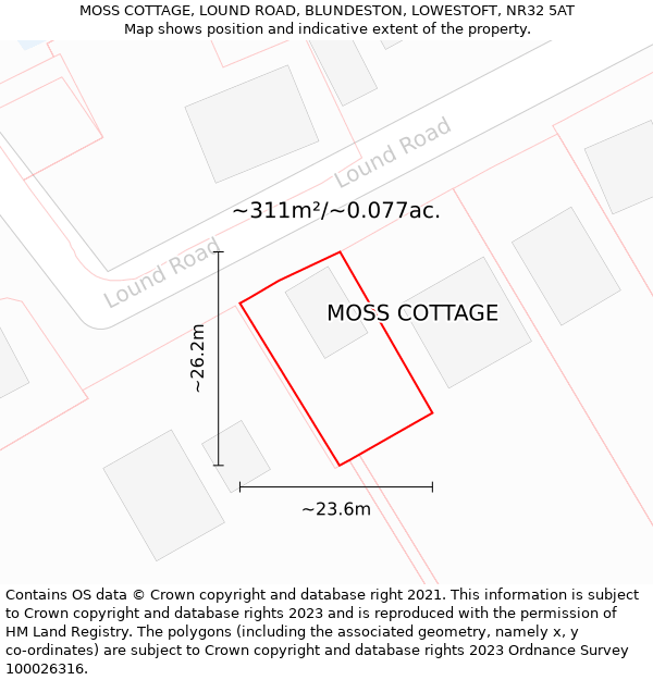 MOSS COTTAGE, LOUND ROAD, BLUNDESTON, LOWESTOFT, NR32 5AT: Plot and title map