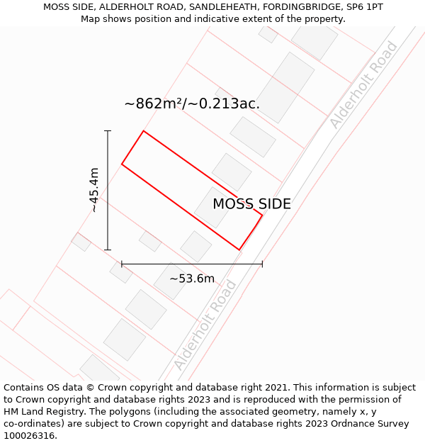 MOSS SIDE, ALDERHOLT ROAD, SANDLEHEATH, FORDINGBRIDGE, SP6 1PT: Plot and title map