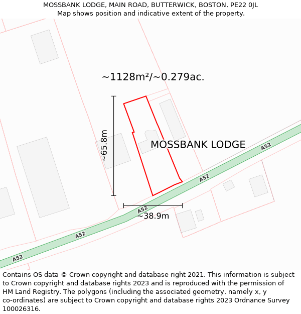 MOSSBANK LODGE, MAIN ROAD, BUTTERWICK, BOSTON, PE22 0JL: Plot and title map