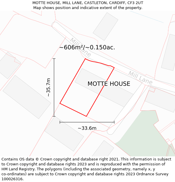 MOTTE HOUSE, MILL LANE, CASTLETON, CARDIFF, CF3 2UT: Plot and title map