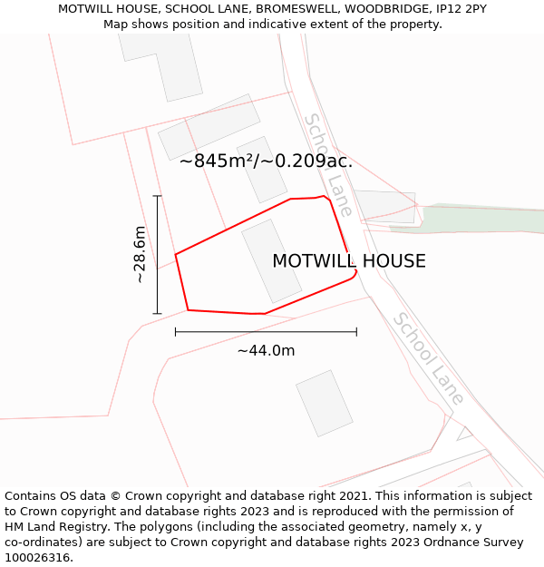 MOTWILL HOUSE, SCHOOL LANE, BROMESWELL, WOODBRIDGE, IP12 2PY: Plot and title map