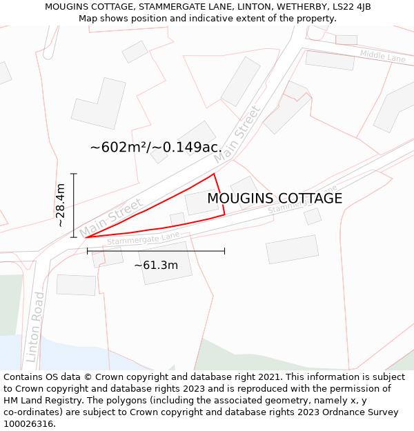 MOUGINS COTTAGE, STAMMERGATE LANE, LINTON, WETHERBY, LS22 4JB: Plot and title map