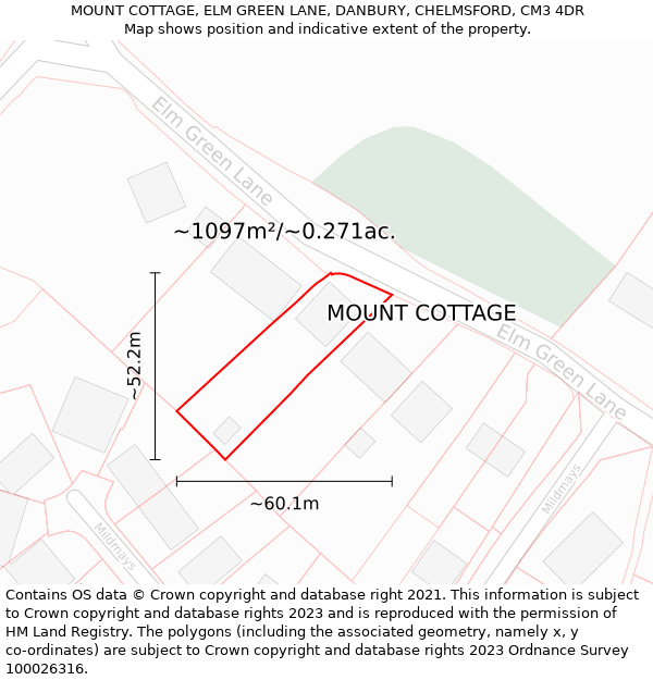 MOUNT COTTAGE, ELM GREEN LANE, DANBURY, CHELMSFORD, CM3 4DR: Plot and title map