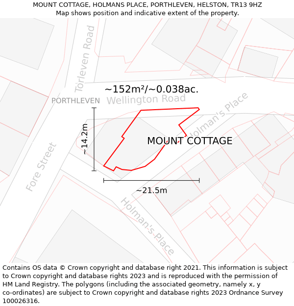 MOUNT COTTAGE, HOLMANS PLACE, PORTHLEVEN, HELSTON, TR13 9HZ: Plot and title map
