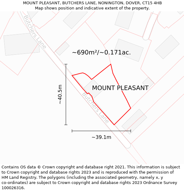 MOUNT PLEASANT, BUTCHERS LANE, NONINGTON, DOVER, CT15 4HB: Plot and title map