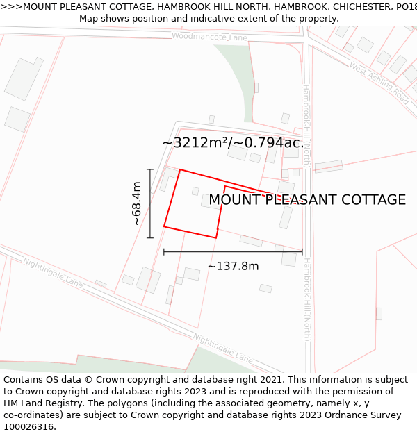 MOUNT PLEASANT COTTAGE, HAMBROOK HILL NORTH, HAMBROOK, CHICHESTER, PO18 8UQ: Plot and title map