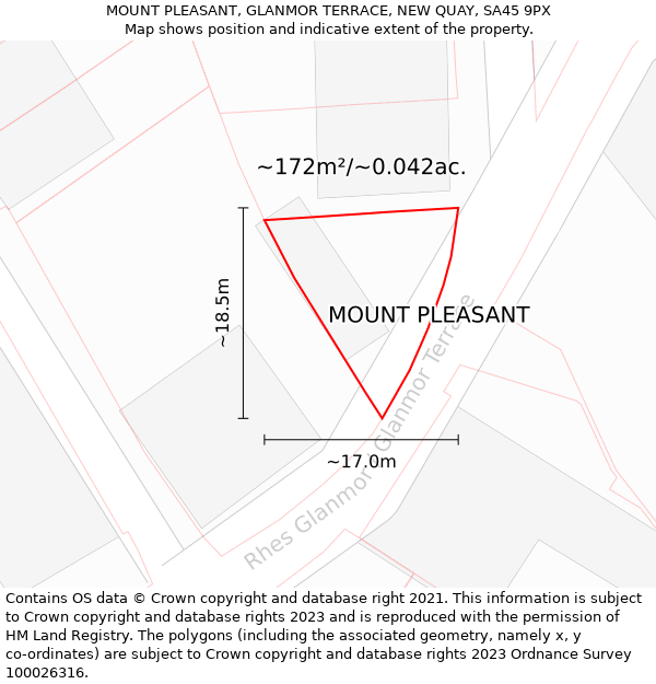 MOUNT PLEASANT, GLANMOR TERRACE, NEW QUAY, SA45 9PX: Plot and title map