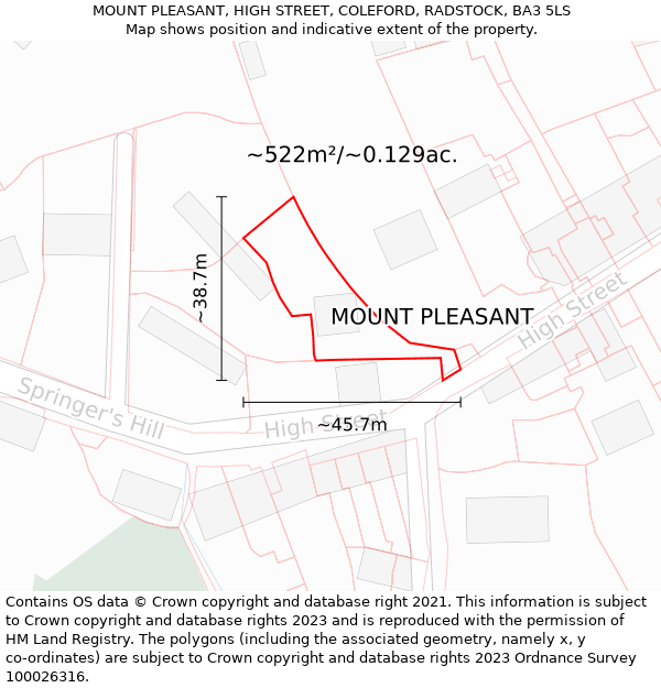 MOUNT PLEASANT, HIGH STREET, COLEFORD, RADSTOCK, BA3 5LS: Plot and title map