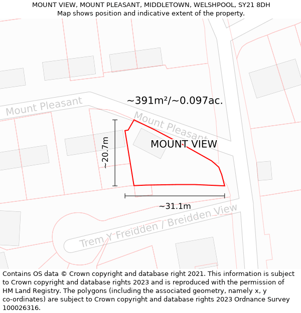 MOUNT VIEW, MOUNT PLEASANT, MIDDLETOWN, WELSHPOOL, SY21 8DH: Plot and title map