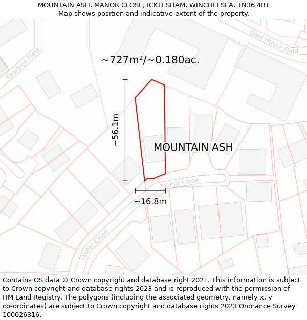 MOUNTAIN ASH, MANOR CLOSE, ICKLESHAM, WINCHELSEA, TN36 4BT: Plot and title map