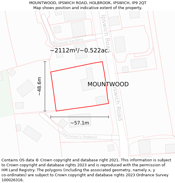 MOUNTWOOD, IPSWICH ROAD, HOLBROOK, IPSWICH, IP9 2QT: Plot and title map