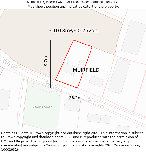 MUIRFIELD, DOCK LANE, MELTON, WOODBRIDGE, IP12 1PE: Plot and title map