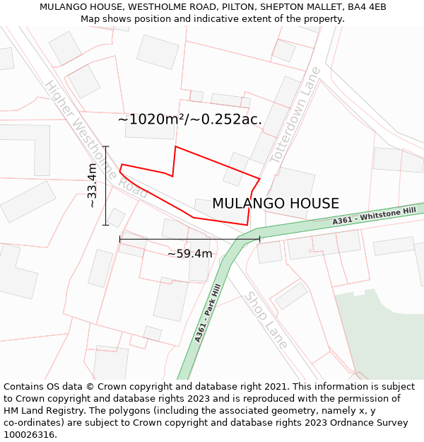 MULANGO HOUSE, WESTHOLME ROAD, PILTON, SHEPTON MALLET, BA4 4EB: Plot and title map