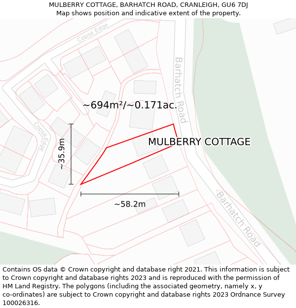 MULBERRY COTTAGE, BARHATCH ROAD, CRANLEIGH, GU6 7DJ: Plot and title map