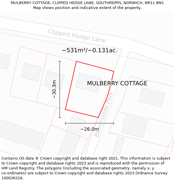 MULBERRY COTTAGE, CLIPPED HEDGE LANE, SOUTHREPPS, NORWICH, NR11 8NS: Plot and title map