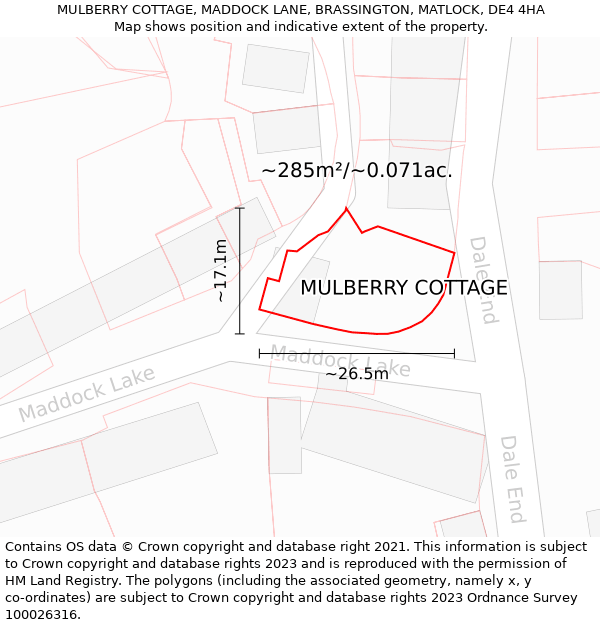 MULBERRY COTTAGE, MADDOCK LANE, BRASSINGTON, MATLOCK, DE4 4HA: Plot and title map