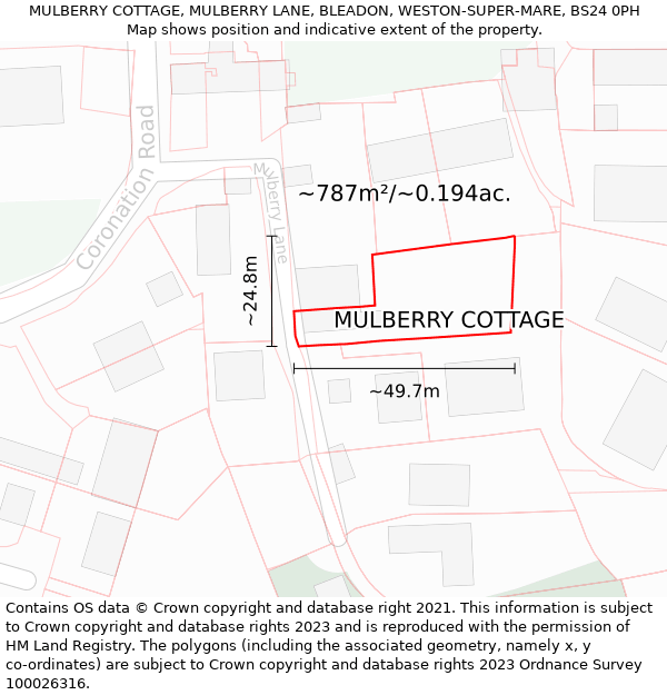 MULBERRY COTTAGE, MULBERRY LANE, BLEADON, WESTON-SUPER-MARE, BS24 0PH: Plot and title map