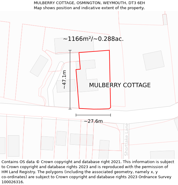 MULBERRY COTTAGE, OSMINGTON, WEYMOUTH, DT3 6EH: Plot and title map