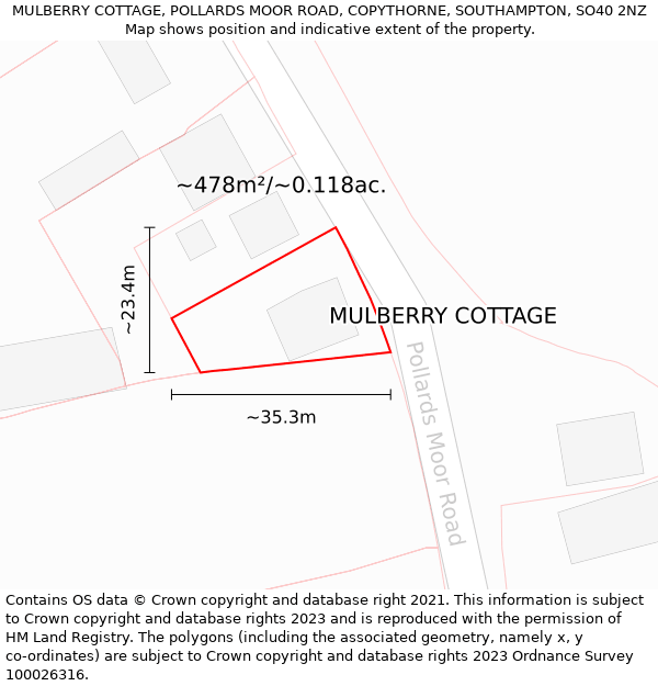 MULBERRY COTTAGE, POLLARDS MOOR ROAD, COPYTHORNE, SOUTHAMPTON, SO40 2NZ: Plot and title map