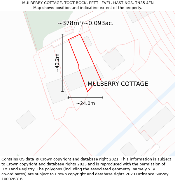 MULBERRY COTTAGE, TOOT ROCK, PETT LEVEL, HASTINGS, TN35 4EN: Plot and title map