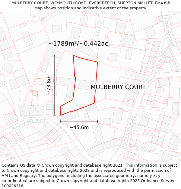 MULBERRY COURT, WEYMOUTH ROAD, EVERCREECH, SHEPTON MALLET, BA4 6JB: Plot and title map