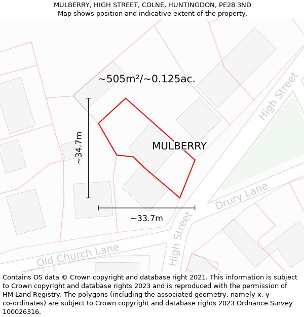 MULBERRY, HIGH STREET, COLNE, HUNTINGDON, PE28 3ND: Plot and title map