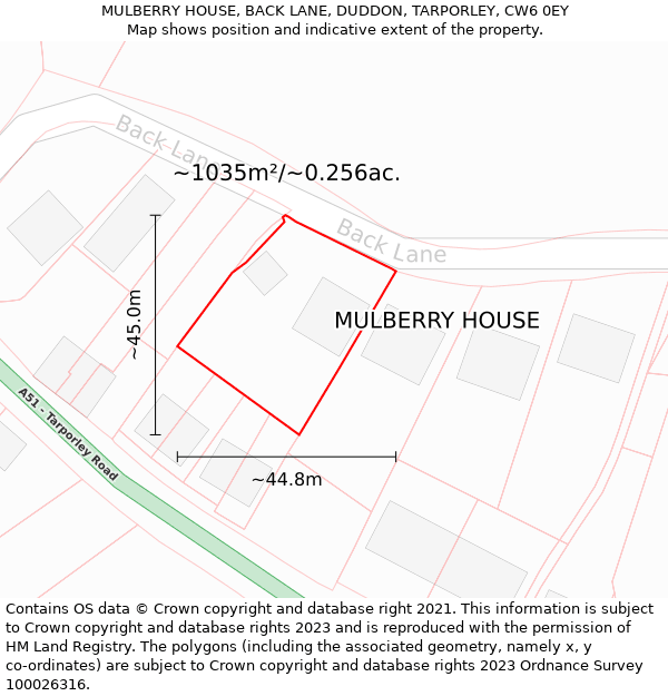 MULBERRY HOUSE, BACK LANE, DUDDON, TARPORLEY, CW6 0EY: Plot and title map