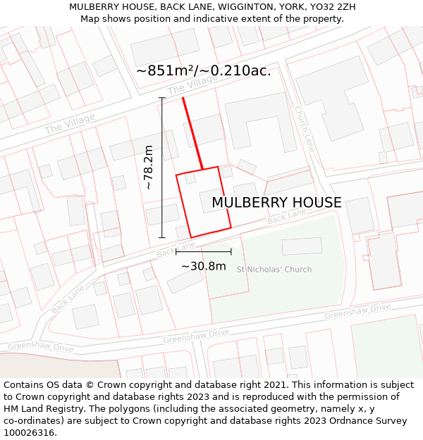 MULBERRY HOUSE, BACK LANE, WIGGINTON, YORK, YO32 2ZH: Plot and title map