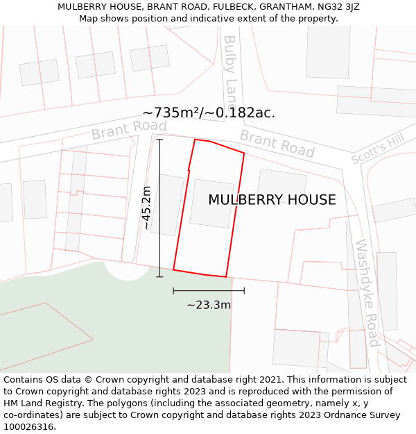 MULBERRY HOUSE, BRANT ROAD, FULBECK, GRANTHAM, NG32 3JZ: Plot and title map