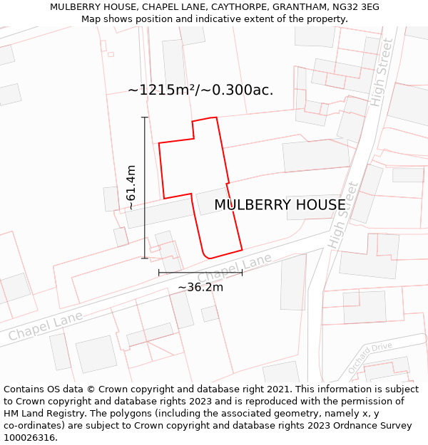 MULBERRY HOUSE, CHAPEL LANE, CAYTHORPE, GRANTHAM, NG32 3EG: Plot and title map