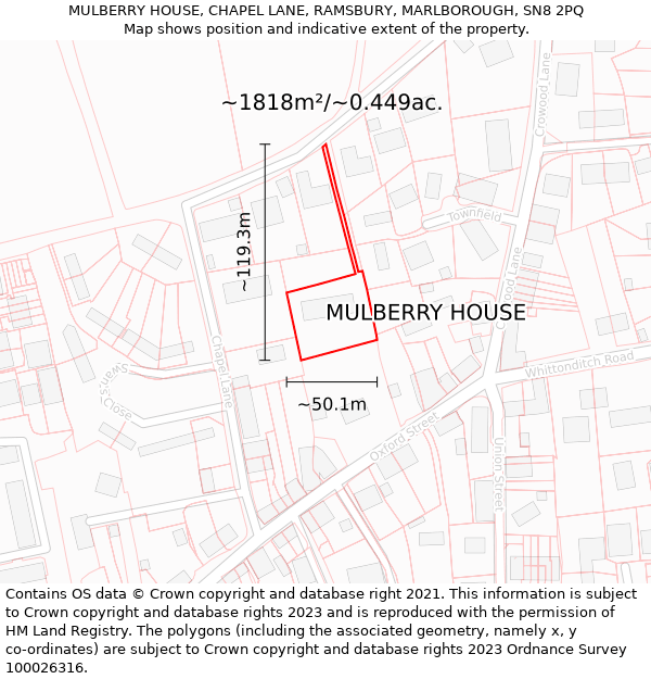 MULBERRY HOUSE, CHAPEL LANE, RAMSBURY, MARLBOROUGH, SN8 2PQ: Plot and title map