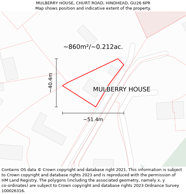 MULBERRY HOUSE, CHURT ROAD, HINDHEAD, GU26 6PR: Plot and title map