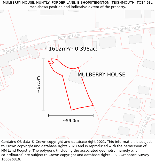 MULBERRY HOUSE, HUNTLY, FORDER LANE, BISHOPSTEIGNTON, TEIGNMOUTH, TQ14 9SL: Plot and title map