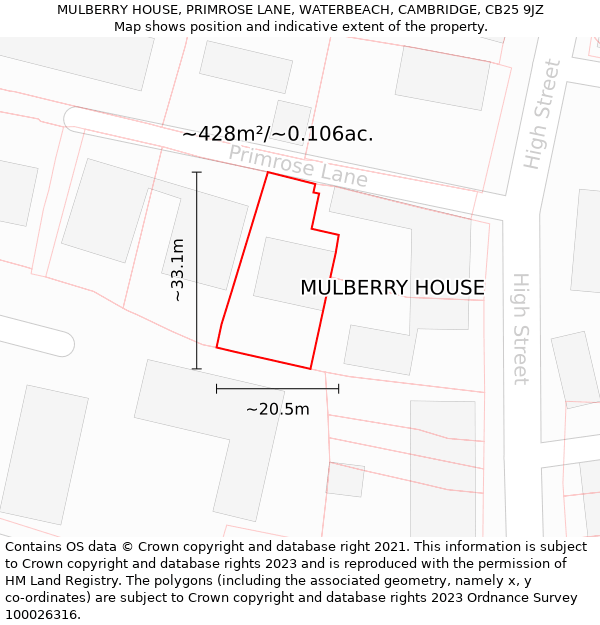 MULBERRY HOUSE, PRIMROSE LANE, WATERBEACH, CAMBRIDGE, CB25 9JZ: Plot and title map