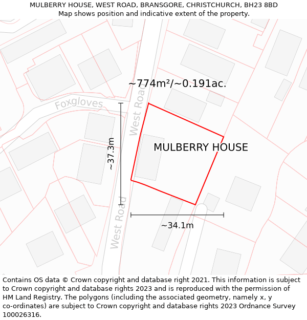 MULBERRY HOUSE, WEST ROAD, BRANSGORE, CHRISTCHURCH, BH23 8BD: Plot and title map