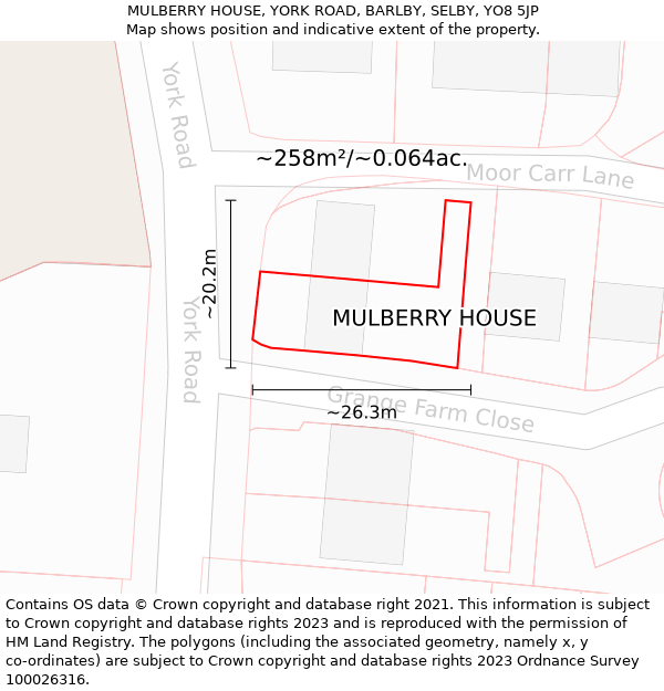 MULBERRY HOUSE, YORK ROAD, BARLBY, SELBY, YO8 5JP: Plot and title map