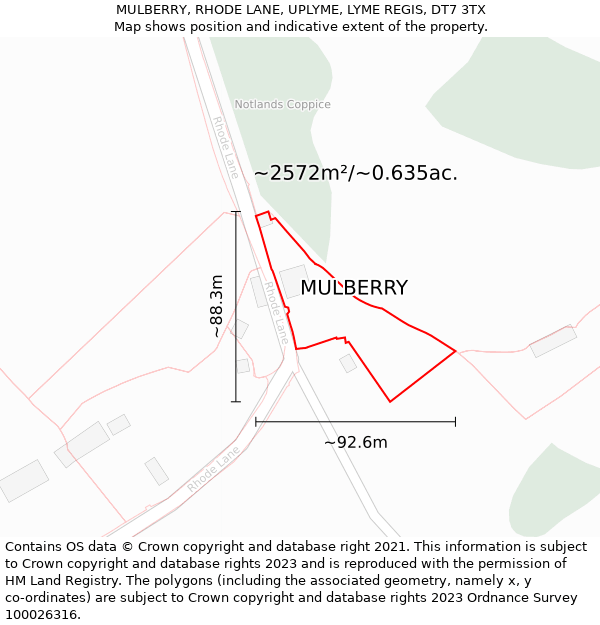 MULBERRY, RHODE LANE, UPLYME, LYME REGIS, DT7 3TX: Plot and title map