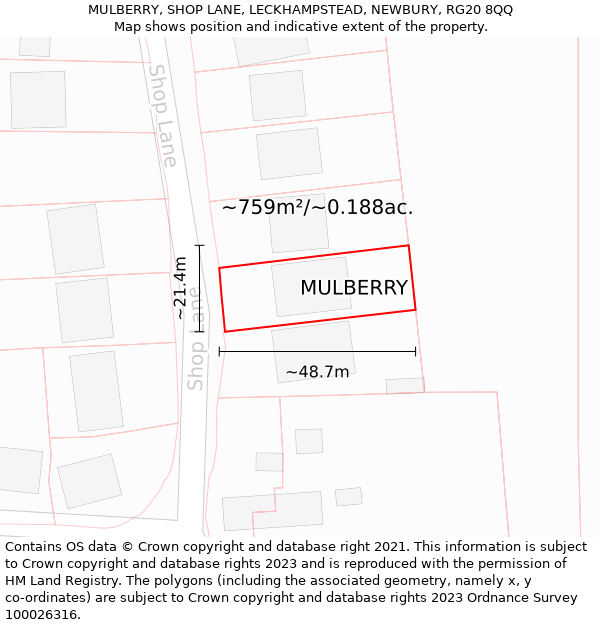 MULBERRY, SHOP LANE, LECKHAMPSTEAD, NEWBURY, RG20 8QQ: Plot and title map