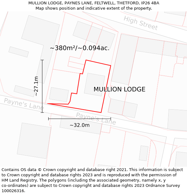 MULLION LODGE, PAYNES LANE, FELTWELL, THETFORD, IP26 4BA: Plot and title map