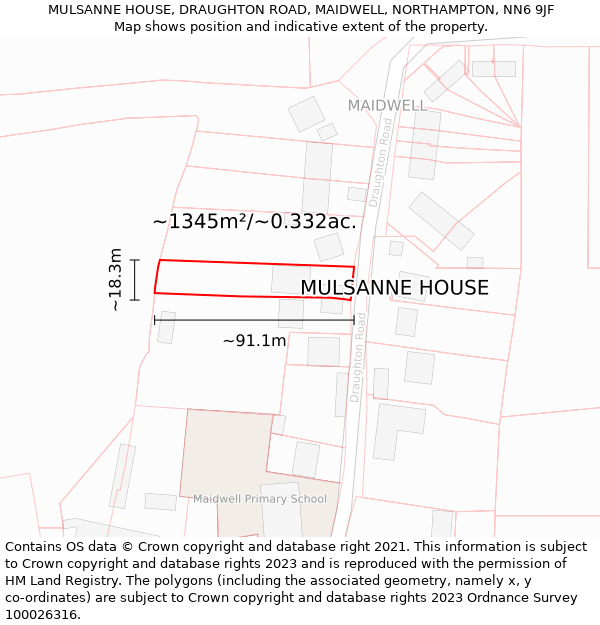 MULSANNE HOUSE, DRAUGHTON ROAD, MAIDWELL, NORTHAMPTON, NN6 9JF: Plot and title map