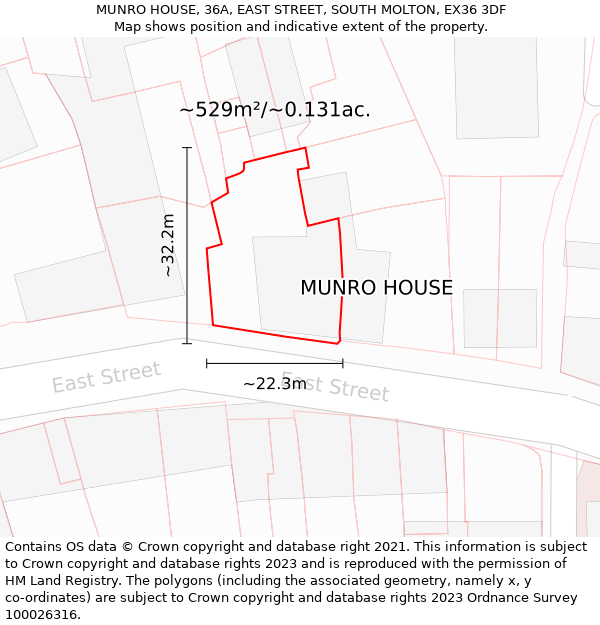 MUNRO HOUSE, 36A, EAST STREET, SOUTH MOLTON, EX36 3DF: Plot and title map