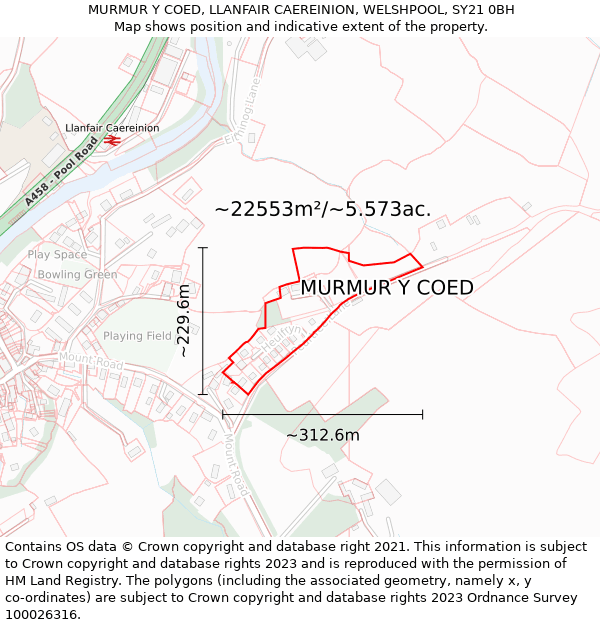 MURMUR Y COED, LLANFAIR CAEREINION, WELSHPOOL, SY21 0BH: Plot and title map